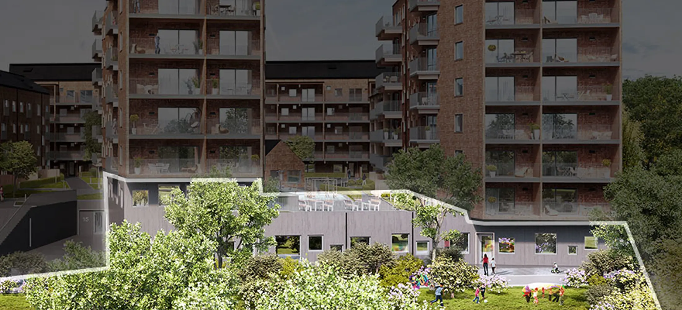 Förskola på första våningen av fastigheten Geologen, grå fasad | Nivika Fastigheter AB (publ)